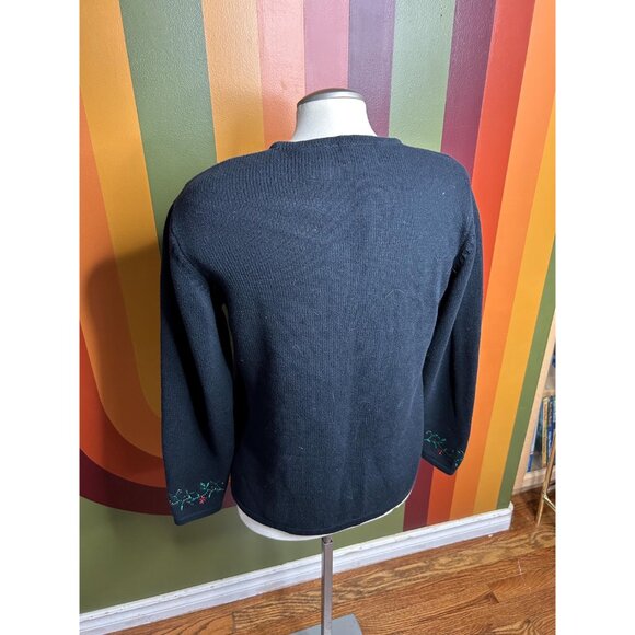 Christmas zip up black embroidered poinsetta beads cute ugly sweater size S - Picture 6 of 6